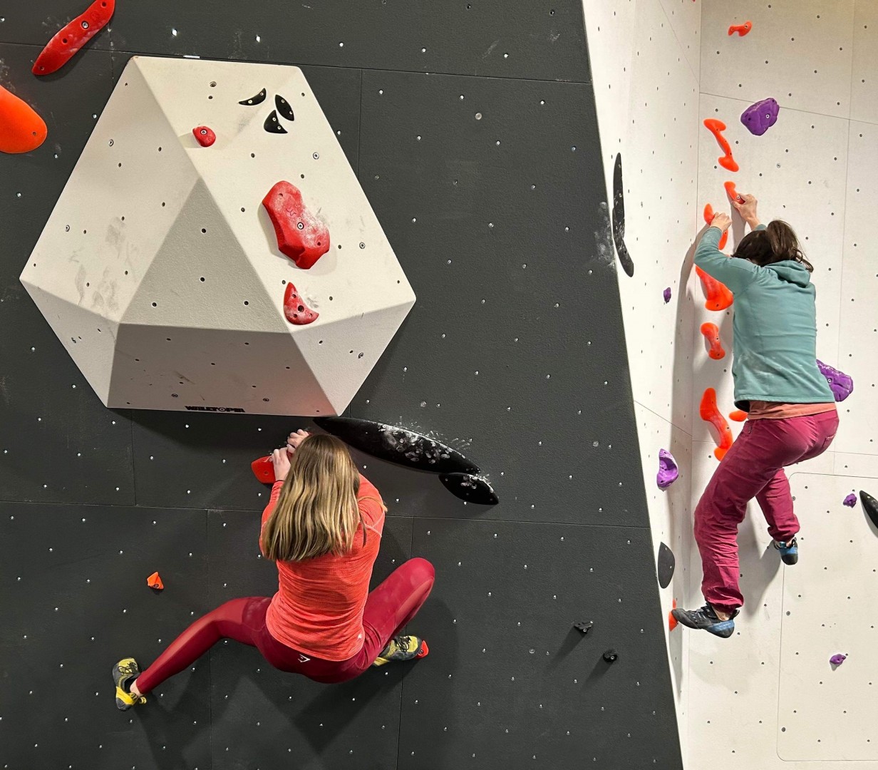 An image showing two females climbing on a climbing wall at FreeKlime, Yorkshire.