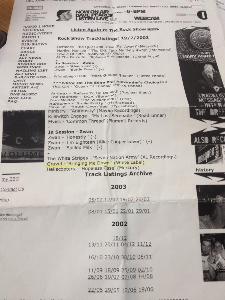 An image of the 'Rock Show Tracklistings' on BBC Radio 1. The song by Gravel, 'Bringing Me Down', that had played is highlighted in yellow.