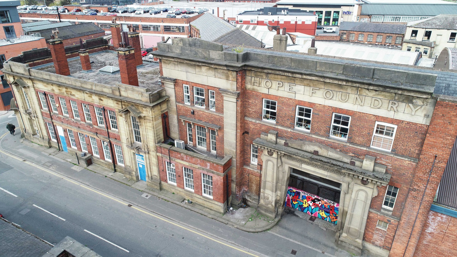 An aerial shot of the Hope Foundry building in Leeds.
