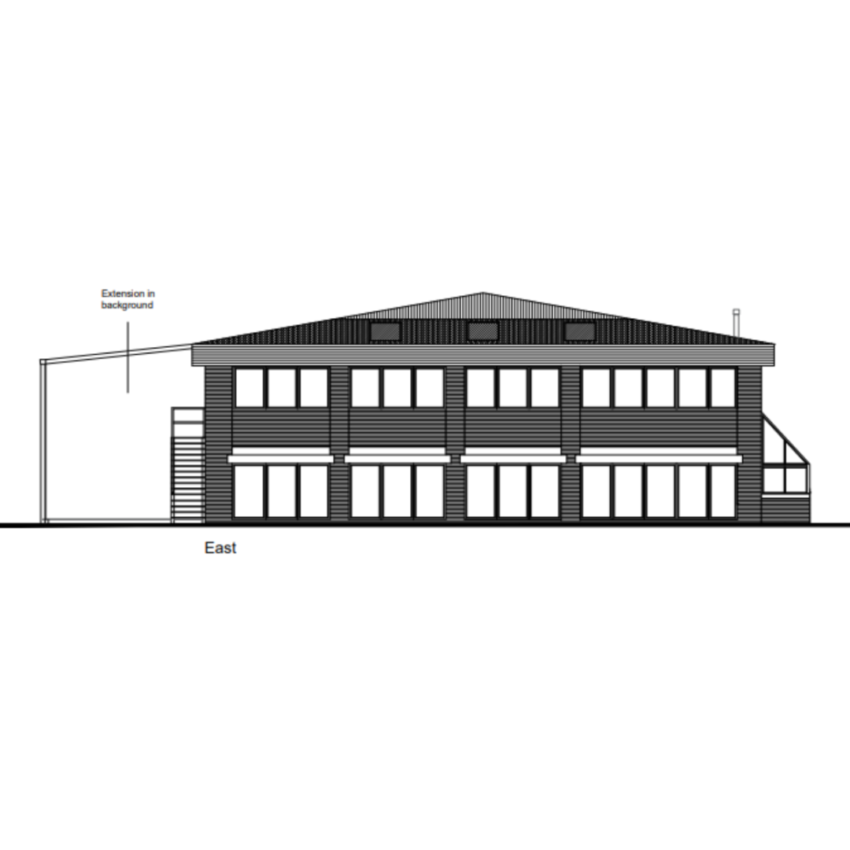A proposed elevation for the East side of the building which shows where the extension is due to go (on the left)