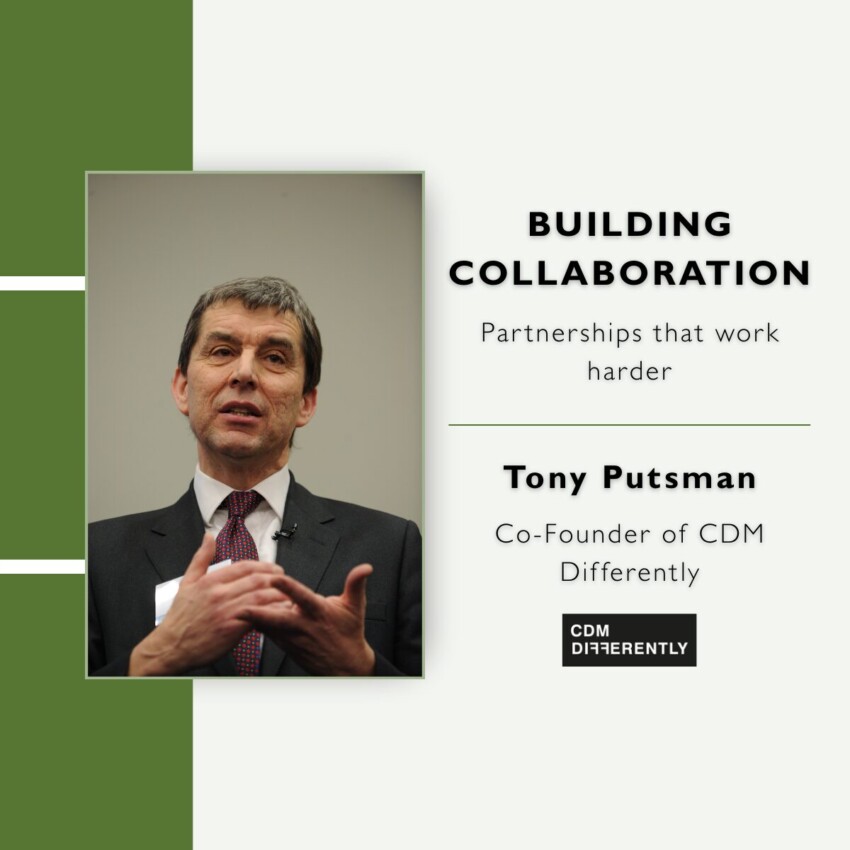 A graphic designed in the colour scheme of Martin Walsh Architectural (MWA) with green, black, white and grey. It has an image of Tony Putsman on it, the partner spoke about in this blog, with the words 